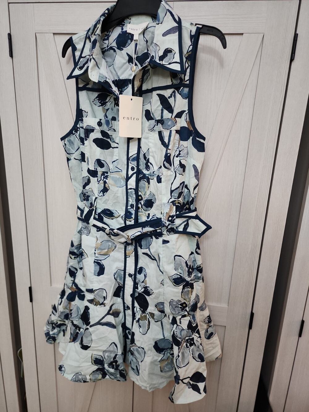 Entro Size Small Blue Floral Mini Dress W/ Belt Women Sleeveless Cotton